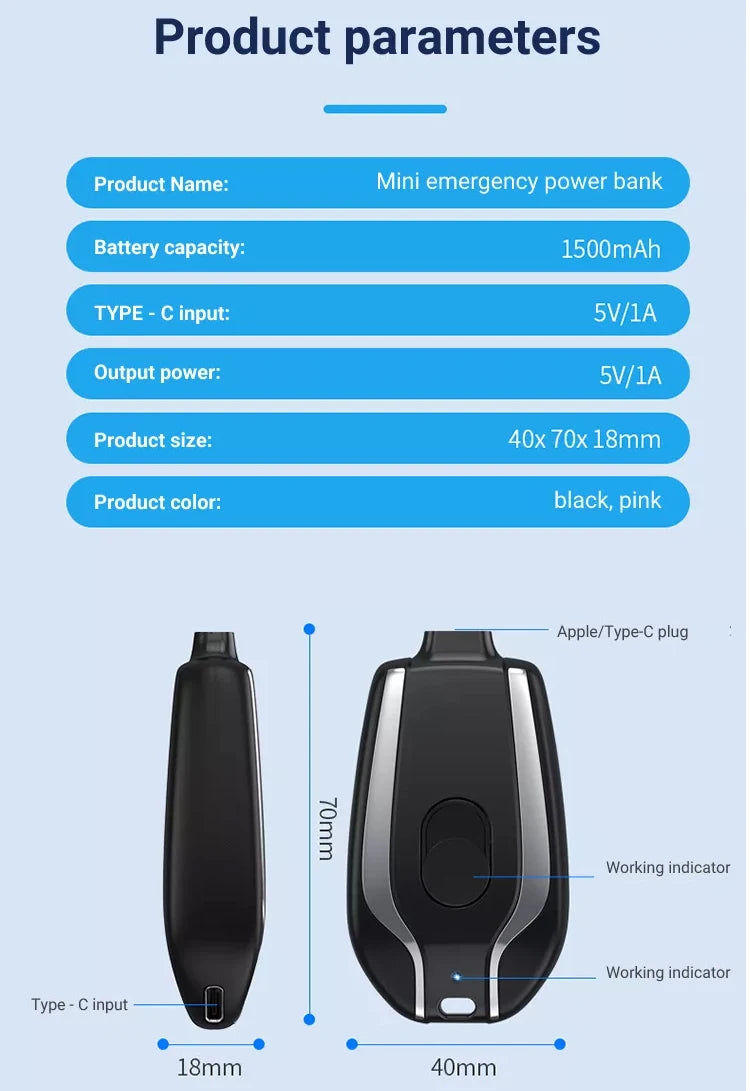 1500mAh Mini Keychain Power Bank - Portable Emergency Charger for iPhone & Android - ZIOR LONDON