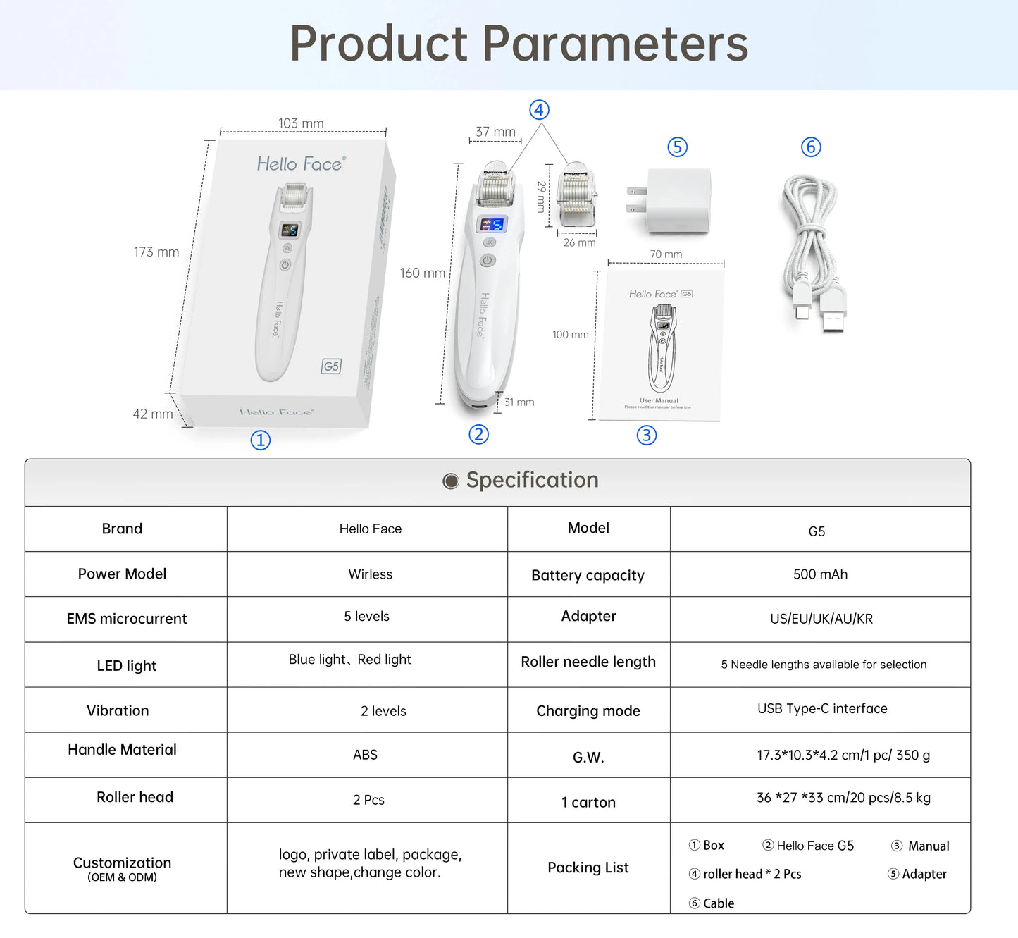 Hello Face Derma Roller G5 - 540 Needle Titanium Roller & EMS LED Light Therapy Device - ZIOR LONDON