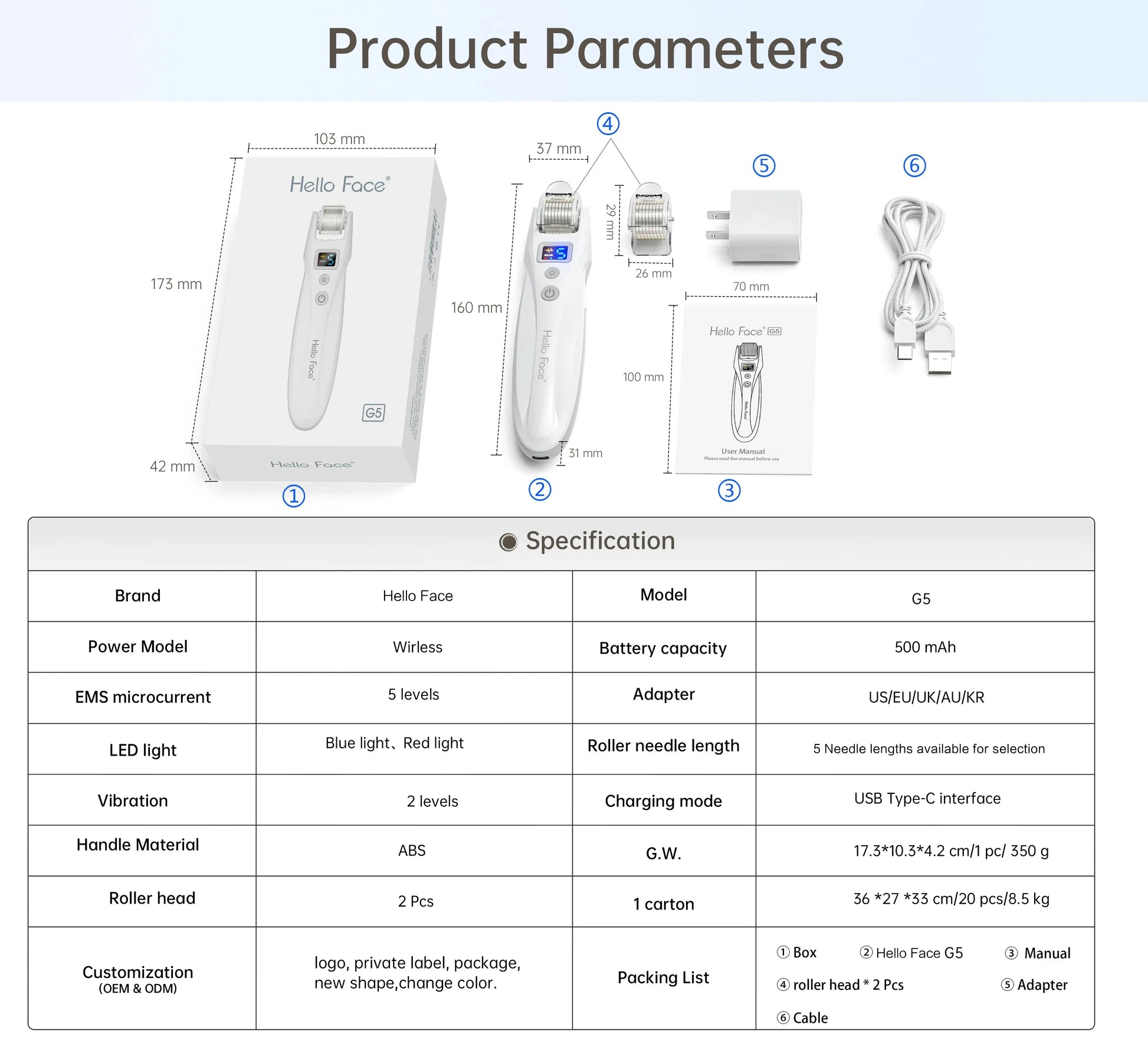 Hello Face Derma Roller G5 - 540 Needle Titanium Roller & EMS LED Light Therapy Device - ZIOR LONDON