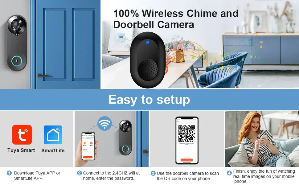 Smart 1080P WiFi Doorbell Camera: Security Intercom with PIR Motion Detection - ZIOR LONDON