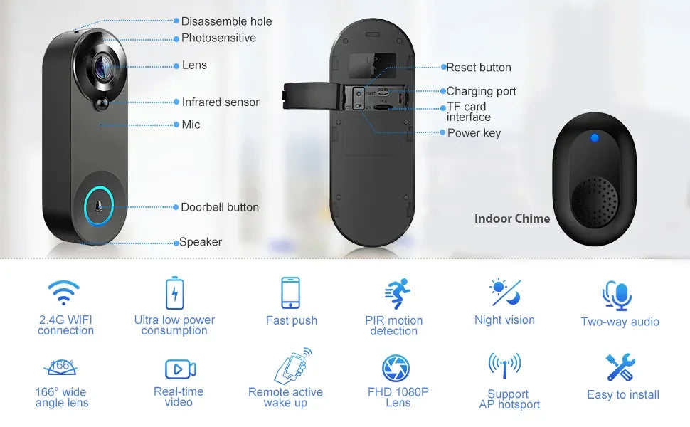 Smart 1080P WiFi Doorbell Camera: Security Intercom with PIR Motion Detection - ZIOR LONDON