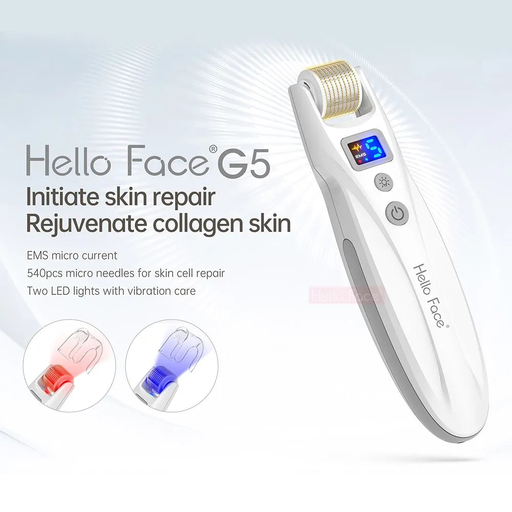 Hello Face Derma Roller G5 - 540 Needle Titanium Roller & EMS LED Light Therapy Device - ZIOR LONDON